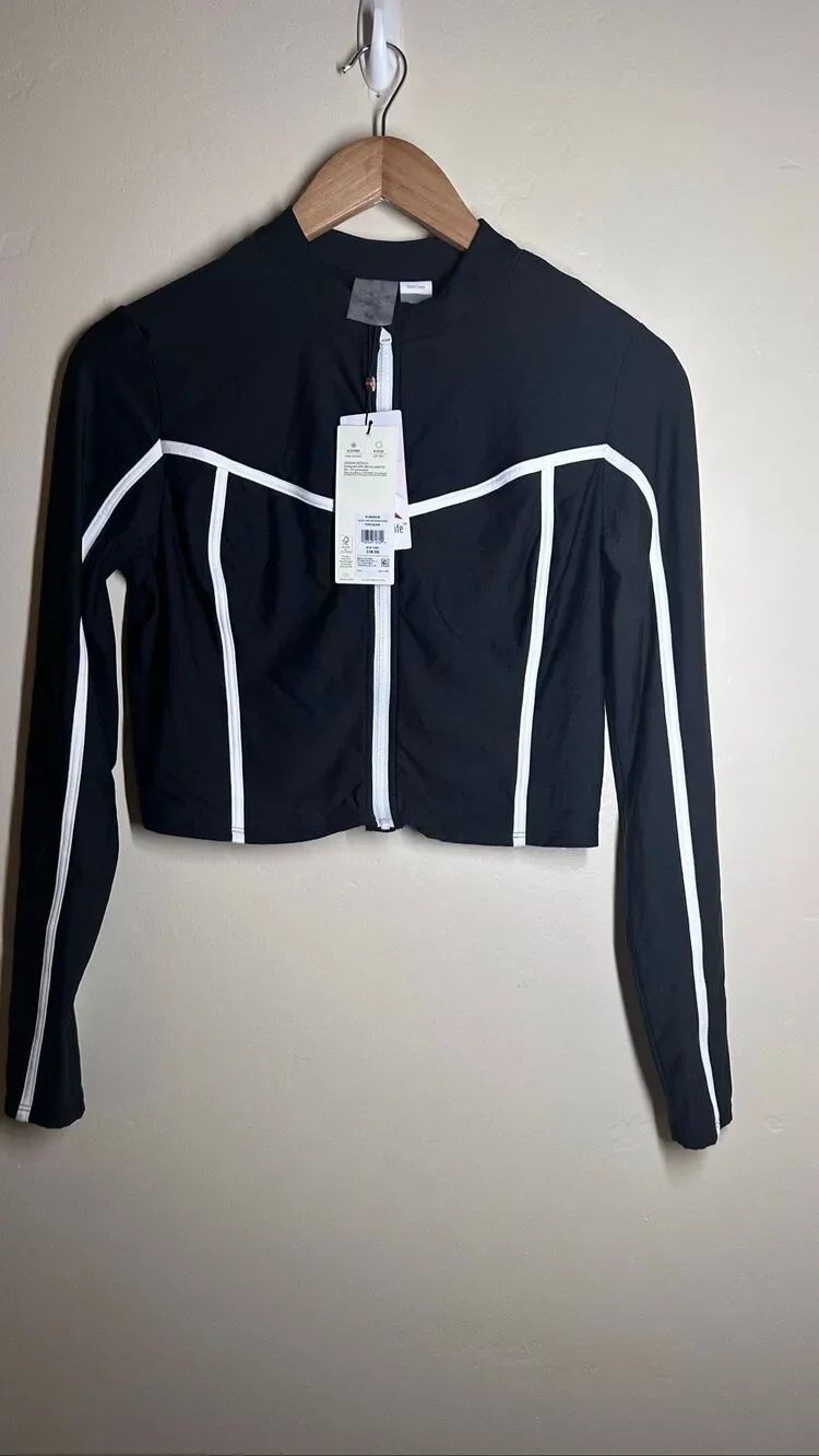 🌸 CALIA Cropped Zip Black and White Swim Rash guard Size Medium New